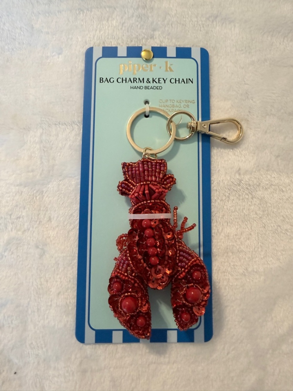 Piper K Red Beaded Lobster Bag Charm & Key Chain with Gold Hardware
